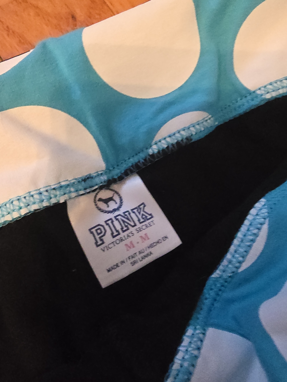 PINK Victoria's Secret Y2K Black Leggings with Turquoise Polka Dot Waistband - Picture 2 of 3
